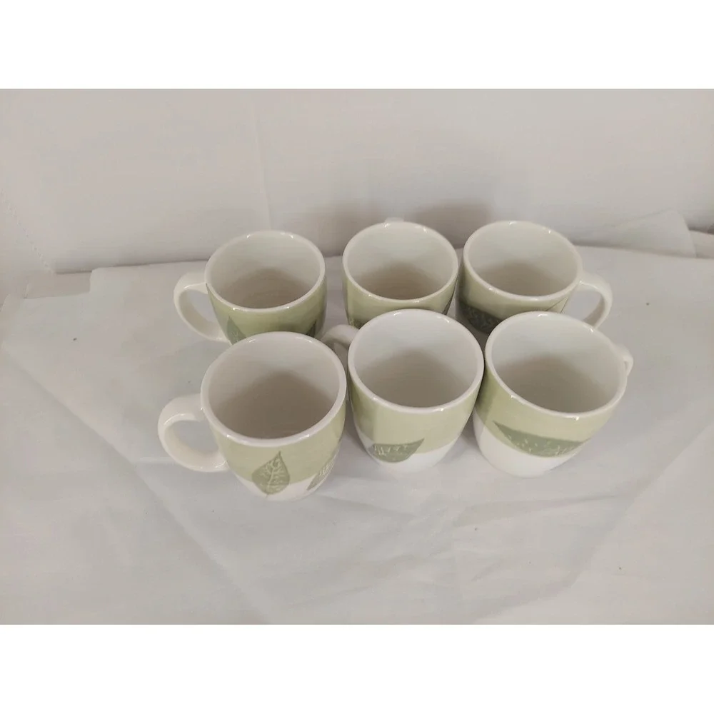 Pier‎ 1 Folia Green Leaves Band Crafted in Italy - LOT OF 6 Coffee Mugs 3 3/4'